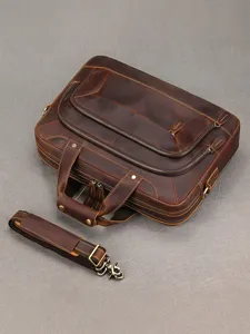 Borsa da lavoro vintage in pelle marrone con tasche zip, manici e tracolla removibile