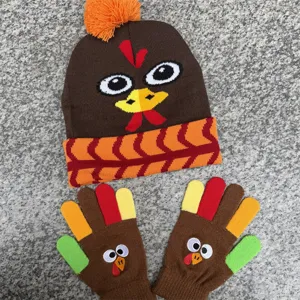 Bonnet et gants en maille pour enfant, motif dinde, doigts colorés et pompon orange