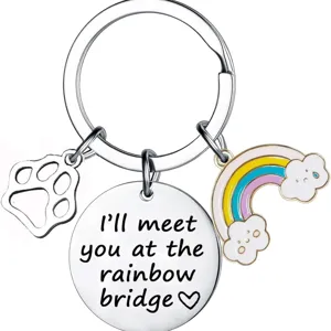 Stainless Steel Pet Memorial Keychain With Rainbow Bridge Engraved Round Pendant Paw Print Sympathy Gift For Dog Cat Lover