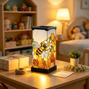 Warm glowing stained-glass lamp with bee, honeycomb and daisy motifs on a bedside table