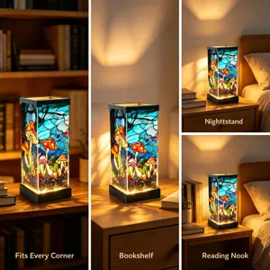 Four-panel view of a glowing stained-glass lamp with mushroom and butterfly motifs in cozy rooms
