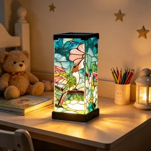 Stained-glass panels show a hummingbird and pink flowers, glowing warmly on a child's desk