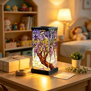 Glowing square stained-glass lamp with a purple wisteria tree, displayed on a wooden bedroom table