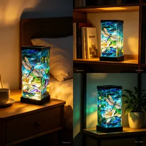 Three warm room scenes show the glowing stained-glass lamp on a nightstand, shelf, and plant stand
