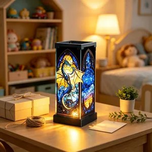 Glowing blue and gold dragon stained-glass panels on a black lamp, styled on a bedside table