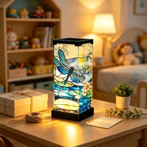 Warm light shines through dragonfly, water lily and leaf motifs on a bedside table.