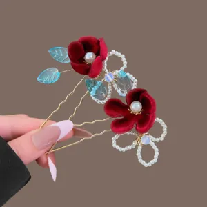 Traditional Chinese Red Velvet Flower Hair Pin Retro Faux Pearl Resin Leaf U-Shape Hairpin Hanfu Bride Hair Jewelry For Women
