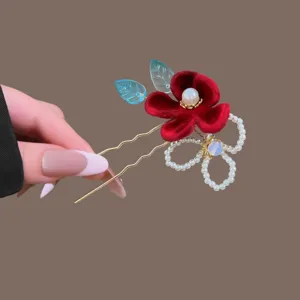 Hanfu-inspired hairpin with a red velvet flower, blue leaves, pearl bow and gold U-shaped prongs