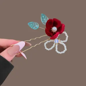 Red velvet Hanfu flower hairpin with pearls, blue leaves and a gold-tone U-shaped hair fork