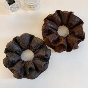 Coletero de Doble Capa de Piel Sintética con Estampado de Leopardo Retro Coreano Marrón Gris Gomas para el Pelo para Mujer