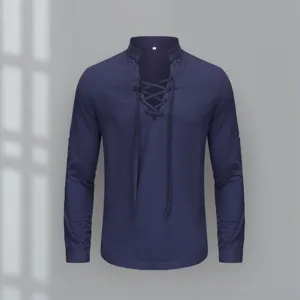 Men's Casual Cotton Blend Henley Shirt Long Sleeve Stand Collar Lace-up Beach Pullover Vintage Style Top