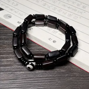 Vintage Unisex Sandalwood Ebony Wood Beaded Bracelet With Dzi Bead Handmade Polished Geometric Wood Beads Mala Bracelet For Meditation Ethnic Jewelry Gift