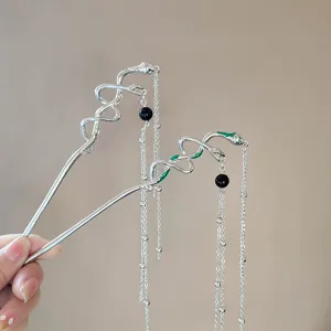 Women Vintage Snake Shape Hair Stick With Long Tassel Silver Enamel Green Drip Oil Metal Hair Accessory For Buns Party Jewelry