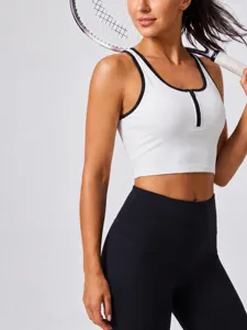 Women Zipper Ribbed Yoga Vest Top Color Block Striped Sports Tank Top Fixed Cup Breathable Running Fitness Activewear