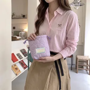 Quilted Drawstring Storage Bag Heart Pattern Padded Pouch Travel Makeup Organizer Small Camera Case Cute Macaron Color