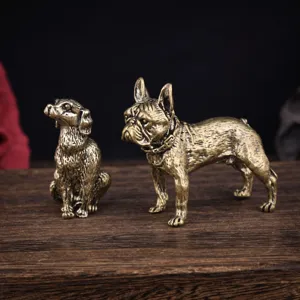 Vintage Solid Brass Dog Figurine Poodle Bulldog Mini Statue Tea Pet Desktop Ornament Antique Copper Animal Sculpture Collectible