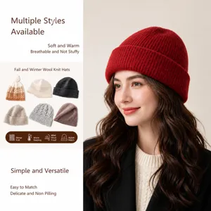 100% Sheep Wool Knit Beanie For Women Soft Warm Winter Cable Knit Pom Pom Hat Double Layer Thick Ear Protection Skull Cap