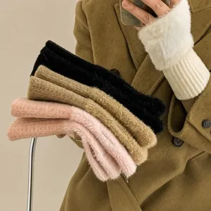 Dames Gebreide Vingerloze Handschoenen Winter Kunstbont Patchwork Warme Halve Vinger Handschoenen Zachte Effen Kleur Wantjes Mode Accessoire