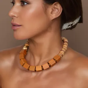 Ensemble Collier et Boucles d'Oreilles en Bois Carré Bohème Vintage Ethnique Géométrique Choker pour Femme Bijoux de Vacances