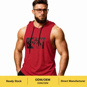 Canotta da Palestra con Cappuccio da Uomo Senza Maniche Slogan Lettere Stampa Animale Top Traspirante Poliestere Orlo Curvo Abbigliamento Sportivo Running per Fitness Allenamento