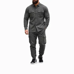 Set Felpa Cargo Pesante Americana da Uomo Giacca con Bottoni e Revers Pantaloni Larghi Multi-tasche Caldo Outdoor Top e Bottom