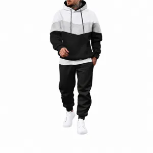 Men Fleece Hooded Tracksuit Color Block Patchwork Sweatshirt And Sweatpants Casual Sportswear Top And Bottom Warm Outdoor Outfit
