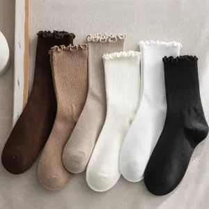 Women's Casual Lettuce Edge Ruffle Trim Crew Socks Ribbed Soft Breathable Slouch Socks Polyester Socks For Daily Wear