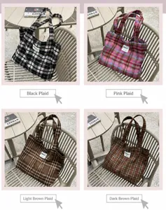 Four-panel view of a wool-textured plaid tote bag in black, pink, light brown, and dark brown
