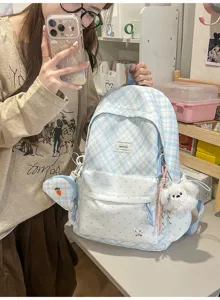 Sac à dos à carreaux bleus et blancs et à pois, avec breloques lapin et carotte et pochette assortie