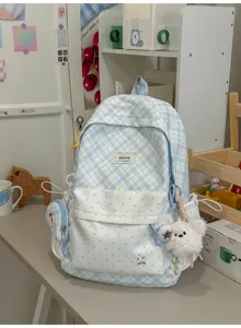 Sac à dos à carreaux bleus, poche à pois, pendentif en peluche et petite pochette latérale