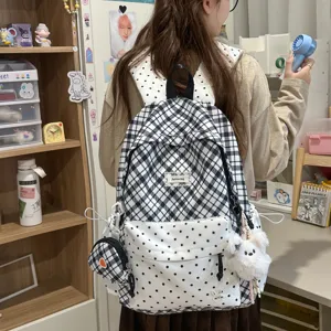 Sac à Dos Patchwork à Carreaux et Pois Style Japonais Pour Filles Grande Capacité Sac d'École en Nylon Avec Breloque