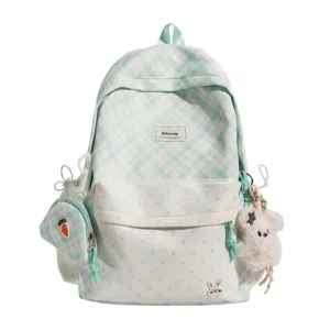 Sac à dos scolaire vert pâle à carreaux et à pois, avec pochette carotte et breloques lapin en peluche