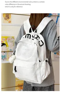 Vue de dos d’un sac blanc à étoiles en relief, avec lettrage noir et pompon doux sur un modèle