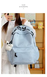 Vue de face d’un sac à dos bleu clair texturé d’étoiles, avec poche avant et pendentif ourson doux