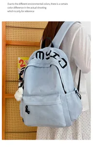 Sac à dos bleu clair porté par un modèle, avec étoiles en relief, texte noir et breloque blanche en peluche