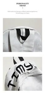 Détails du tissu blanc texturé, de la poignée en sangle noire et des lettres noires en relief