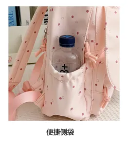 Gros plan sur la poche latérale d’un sac à dos rose à pois, avec une bouteille et des détails noués