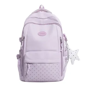 Sac à dos scolaire lilas pour fille, avec poche à étoiles, fermeture zippée et breloque étoile blanche