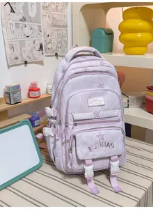 Sac à dos lilas avec étoiles et imprimé léopard, poches avant, fermetures éclair et boucles