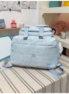 Détail d’un sac à dos bleu clair, imprimé d’étoiles, avec poche avant sur un tissu rayé