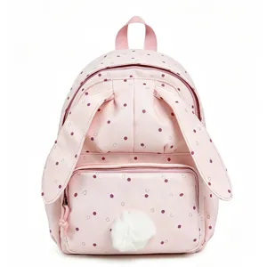 Sac à dos rose pour enfant, avec oreilles de lapin, pois violets, cœurs et pompon blanc