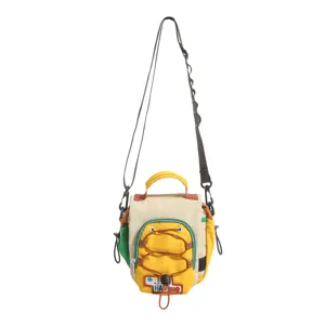 Sac bandoulière enfant à cordon, jaune et beige avec détails colorés et poche avant zippée