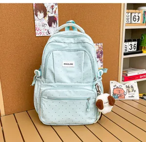 Vue détaillée d’un sac bleu clair à pois, poches avant zippées et pendentif chien en peluche