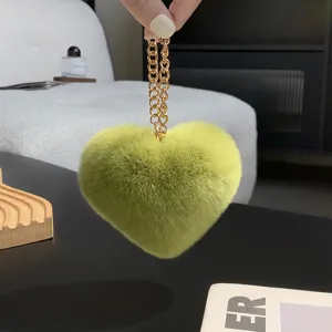 Lindo Llavero de Piel de Conejo Rex con Forma de Corazón Accesorio para Bolso Mujer Piel Real Suave Cadena Chapada en Oro Regalo Decoración