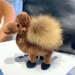 Close-up of a brown plush camel charm with a fluffy light-brown back tuft and black hooves