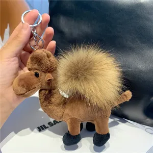 Close-up of a brown plush camel keychain with a fluffy tan hump and silver metal clasp