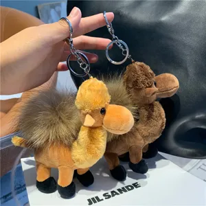 Close-up of yellow and brown plush camel charms with metal key rings, held above a black bag
