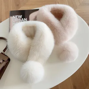 Warm Silk Wool Scarf For Women Korean Style Winter Fur Neck Warmer With Magnetic Buckle And Pom Pom Decoration Fashion Solid Color Neck Guard