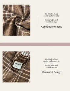 Close-up of brown plaid wool-textured fabric and inner label marked BEAUT, hand made