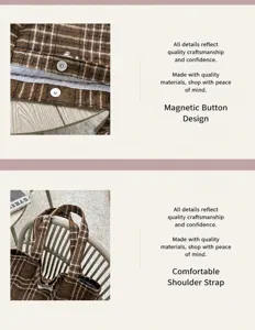 Close-up shows brown and cream plaid fabric, magnetic snap, lining, and wrapped bag handles.